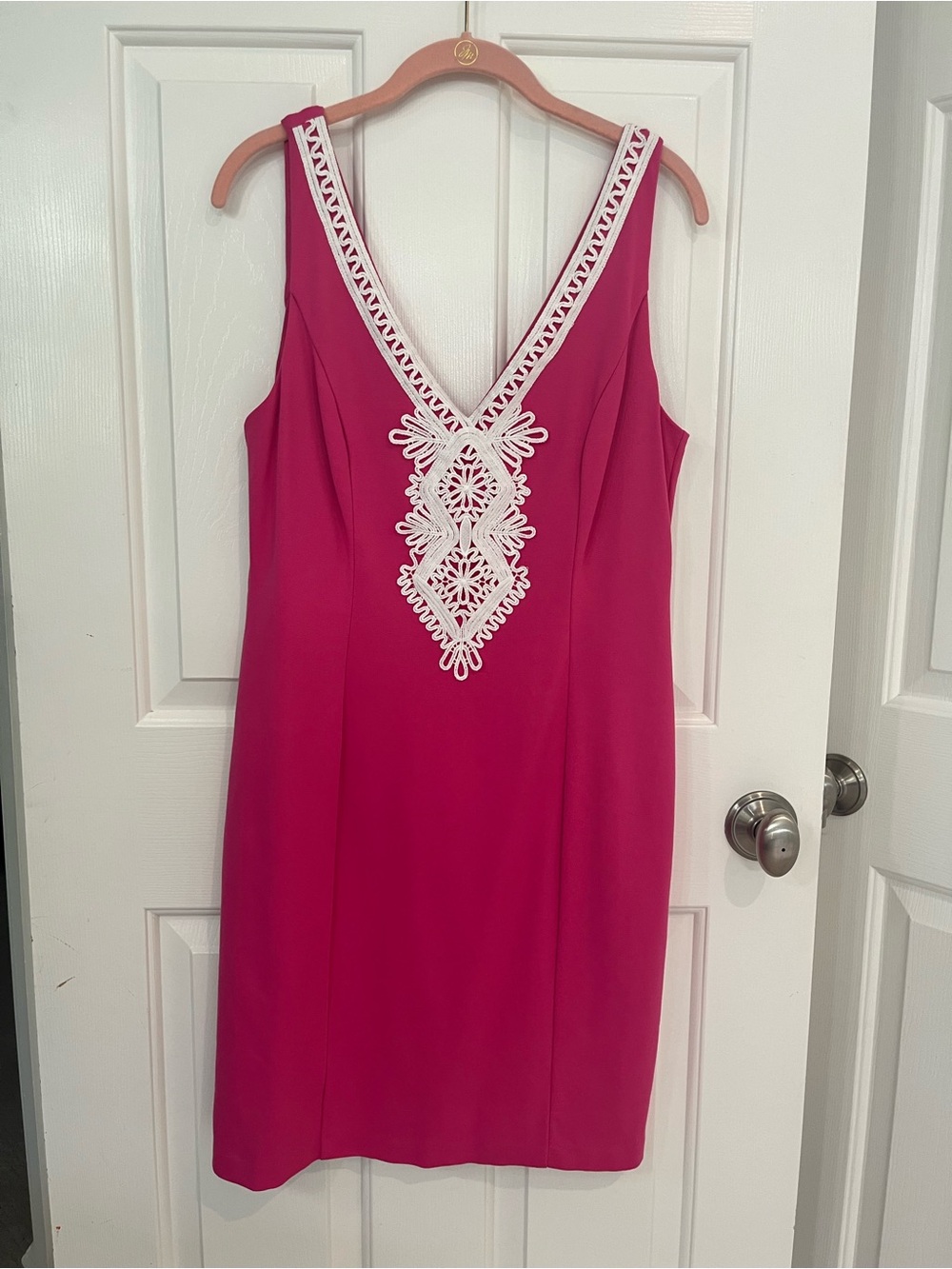 Eliza J Fuchsia Mini Dress with White Crochet V-Detail